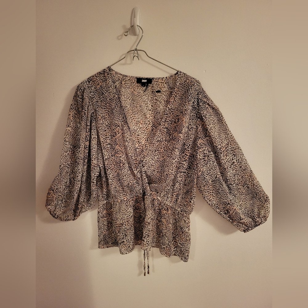 DKNY Animal Print Puff Sleeve Blouse – Brown & Black – Size M